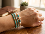 Handmade Turquoise White Pearl-Like Beaded Bracelet Set, Starfish Charm, Boho Ocean Jewelry