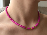 Pink Beaded Gold Star Necklace, Hot Pink Choker Bead Jewelry, Cute Minimalist, Metal-Plated Clasp w/ Extension Chain