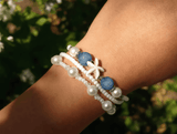 Handmade Ocean Blue White Pearl-Like Beaded Bracelet Set, Starfish Charms, Boho Ocean Jewelry