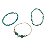 Handmade Turquoise White Pearl-Like Beaded Bracelet Set, Starfish Charm, Boho Ocean Jewelry