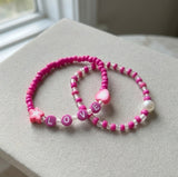 Handmade Pink Beaded Bracelet Set (2 pcs) – Heart & Star Charms with LOVE Letters, Pearl Accent, Cute Jewelry Gift for Kids/Teens