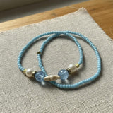 Blue Beaded Bracelet Set with Pearl Charm, Handmade Turquoise Seed Beads Minimalist Stretch Jewelry Gift For Her