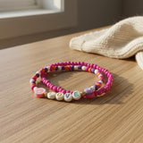 Love Letter Bracelet Set, Pink & Purple Fruit Charm Stack, Personalized Beaded Jewelry for Kids & Teens