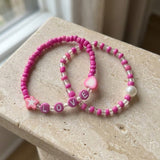 Handmade Pink Beaded Bracelet Set (2 pcs) – Heart & Star Charms with LOVE Letters, Pearl Accent, Cute Jewelry Gift for Kids/Teens