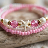 Handmade Pink White Gold Beaded Bracelet Set, Starfish Charm, Boho Ocean Jewelry