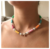 Handcrafted Summer Beach Pearl-like Necklace, Metal-Plated Clasp w/ Extension Chain