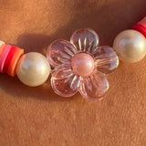 Pink Heishi Bead Necklace, Surfer Style Beach Flower Beaded Jewelry, Pastel White Coral Choker, Metal-Plated Clasp w/ Extension Chain
