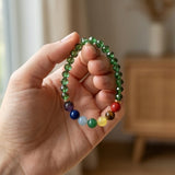 Green Crystal and 7 Chakra Gemstone Bracelet Natural Stone Beaded Handmade Stacking Jewelry Boho Style