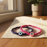 Handmade Pink Blue Beaded Bracelet Set, Eye Charm, Playful Boho Jewelry