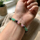 Ruby Zoisite Green Aventurine & Pink Jade Beaded Bracelet with Heart Charm Stretch Boho Gemstone Natural Stone Jewelry