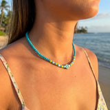 Blue Beaded Necklace with Daisy Charm, Minimalist Cute Seed Bead Summer Jewelry, Metal-Plated Clasp, Extension Chain