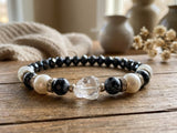Handmade Beaded Bracelet – Faceted Jet Black & White Pearl-Style Beads, Monochrome Boho Chic Jewelry