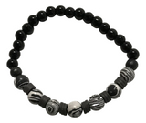 Handmade Black Onyx-style & Zebra Jasper-like Beaded Bracelet, Black White Swirl Stone, Gray Polymer Clay Heishi Spacer Beads, Boho