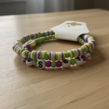 Handmade Green Purple Beaded Bracelet Set, Striped & Letter Design, Playful Boho Jewelry