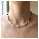 Handcrafted Summer Beaded Starfish Necklace, Metal-Plated Clasp w/ Extension Chain