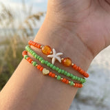 Handmade Orange Green Beaded Bracelet Set, Starfish & Heart Charms, Boho Ocean Jewelry