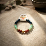 Teal and Mint Beaded Bracelet with Gold Center Accent, Stretch Boho Handmade Gemstone, Stacking Natural Stone, Gift for Her