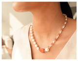 Handcrafted Classic-Modern Pearl Necklace w/ Glass Crystal Beads, Metal-Plated Clasp w/ Extension Chain