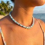 Turquoise Heishi Bead Necklace, Surfer Style Beach Beaded Jewelry, Pastel Pink Blue Choker, Metal-Plated Clasp w/ Extension Chain