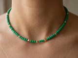 Green Seed Bead Necklace with Gold Star Charms, Dainty Beaded Jewelry Metal-Plated Clasp w/ Extension Chain