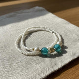 Handmade White Seed Bead Bracelet Set with Blue Glass Beads and Gold Heart Charm— Dainty Pearl Accent, Boho Coastal Jewelry