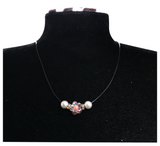 Elegant Flower Design Necklace with Acrylic White Pearl Beads, Black Cord, Lobster Claw with Extension Chain