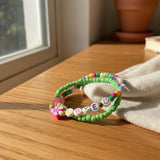 Y2K Smile Beaded Bracelet Stack, Rainbow Green Aesthetic Jewelry,  Playful Happy Face Letter Beads