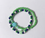 Handmade 2-Piece Colorful Beaded Bracelet Set Green White Blue with Star & Flower Accent Friendship Gift