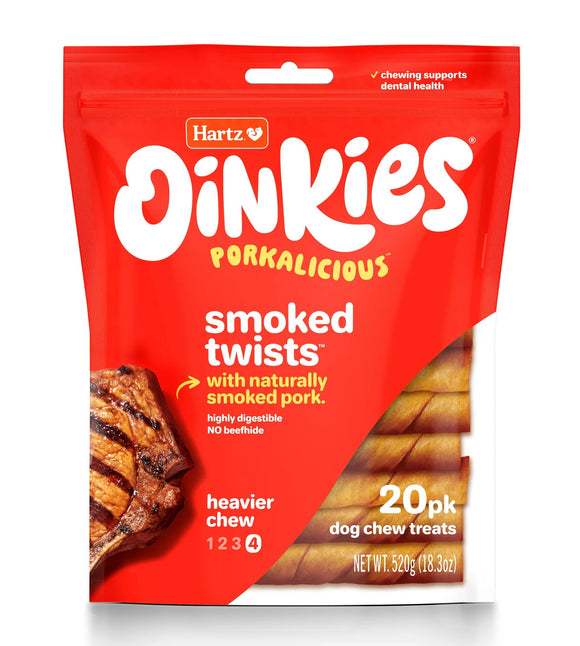 Hartz Oinkies Smoked Pork Flavor Pig Skin Twists Dog Chew Treats, 20 Count