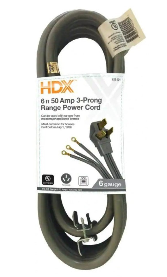 HDX HD#626-634 6 ft. 50 Amp 3-Prong Range Power Cord