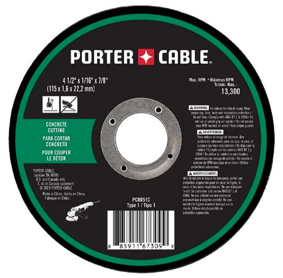 PORTER-CABLE PC8051C Grinding Wheel 4 1/2 x 1/16 x 7/8 Cut-Off Masonry
