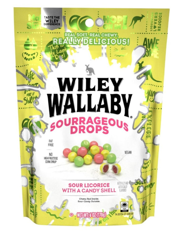 Wiley Wallaby 220649 Sourrageous Drops Sour Licorice with Candy Shell 6 0z.