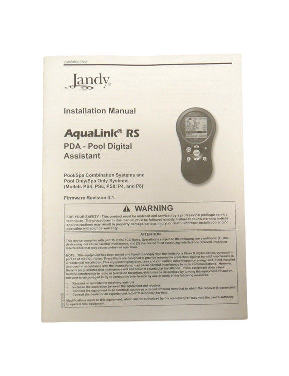 Jandy Aqualink RS PDA Pool Digital Assistant Installation Manual