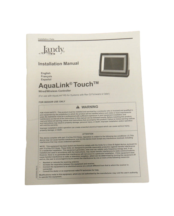 Jandy AquaLink Touch Wired/Wireless Controller Installation  Manual