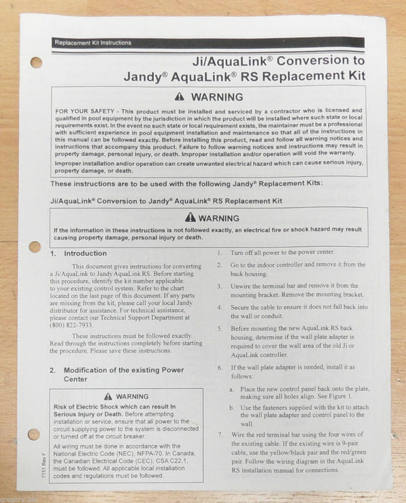 Jandy Ji Conversion to Aqualink RS Replacement kit Owner's Manual Instructions