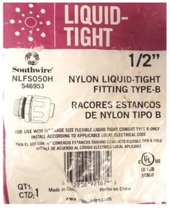 Southwire 546953 1/2" Nylon Liquid-Tight Fitting Type-B NLFS050H