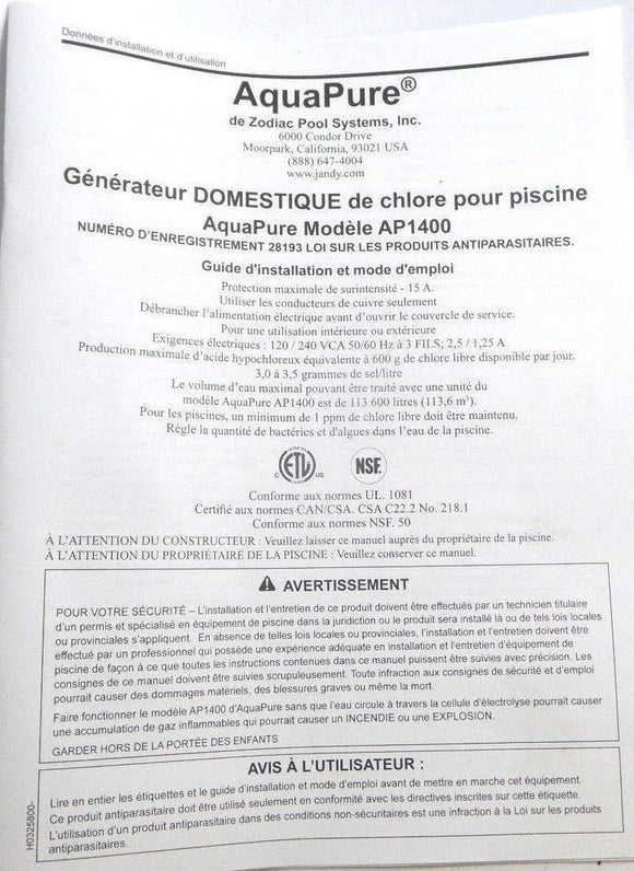 AquaPure AP1400 Générateur Guide D'installation et Mode D'emploi French lenguage