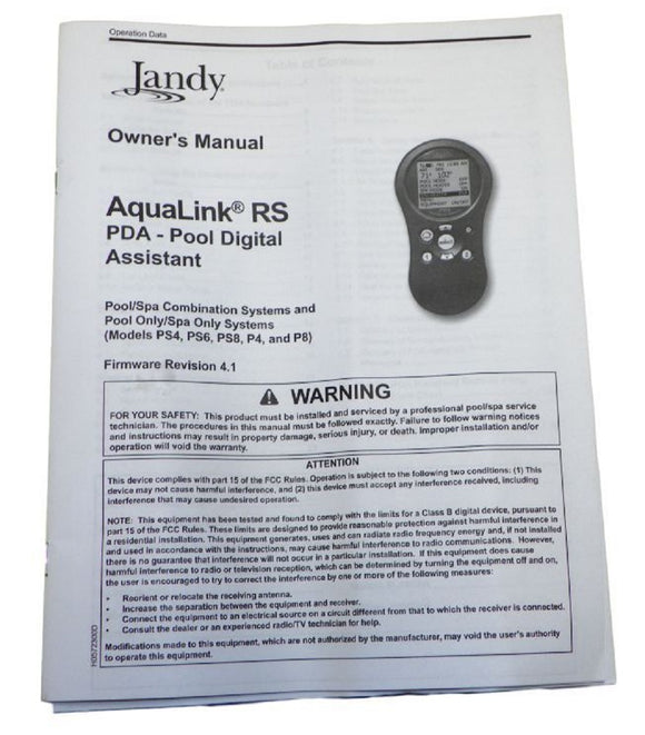 Jandy AquaLink RS PDA Owner's Manual Firmware Revision 4.1