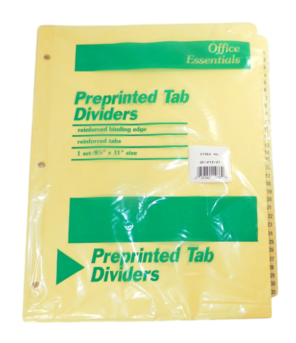 Office Essentials OC-213-31 Preprinted Tab Dividers Reinforced Binding Edge New